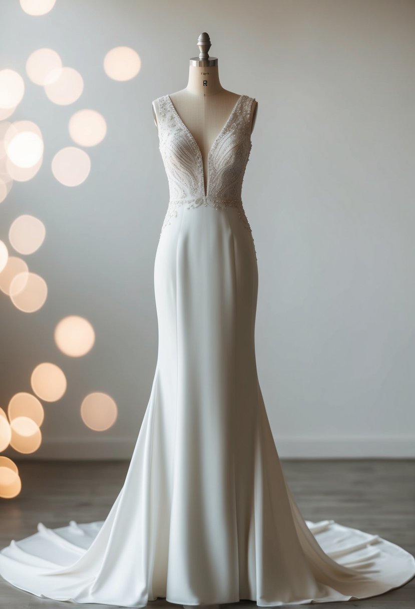 A sleek, A-line wedding dress with elegant, minimalistic details, such as delicate lace or beading, in a neutral color palette