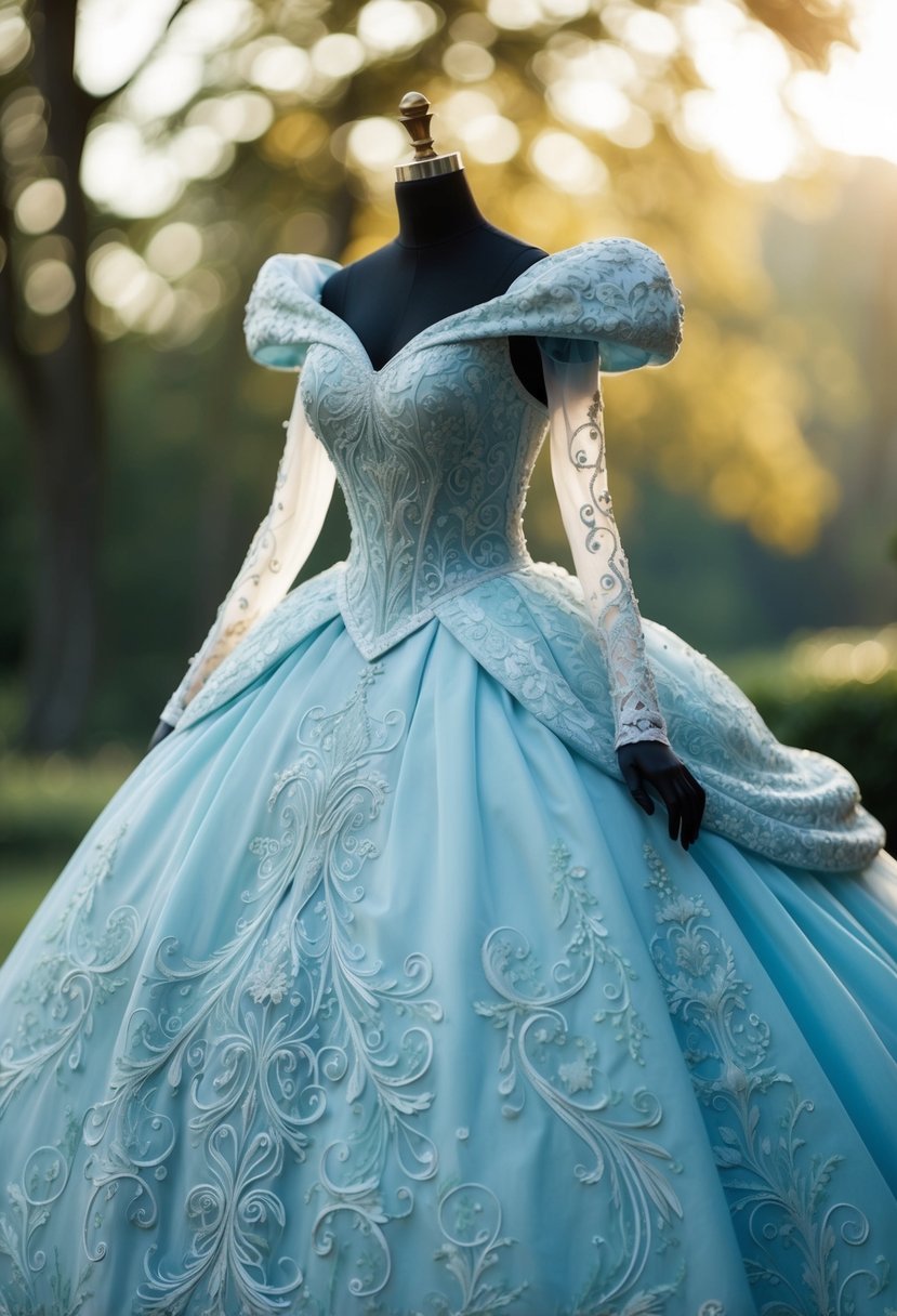 A flowing, intricate Cinderella gown adorned with graceful scrollwork and delicate details