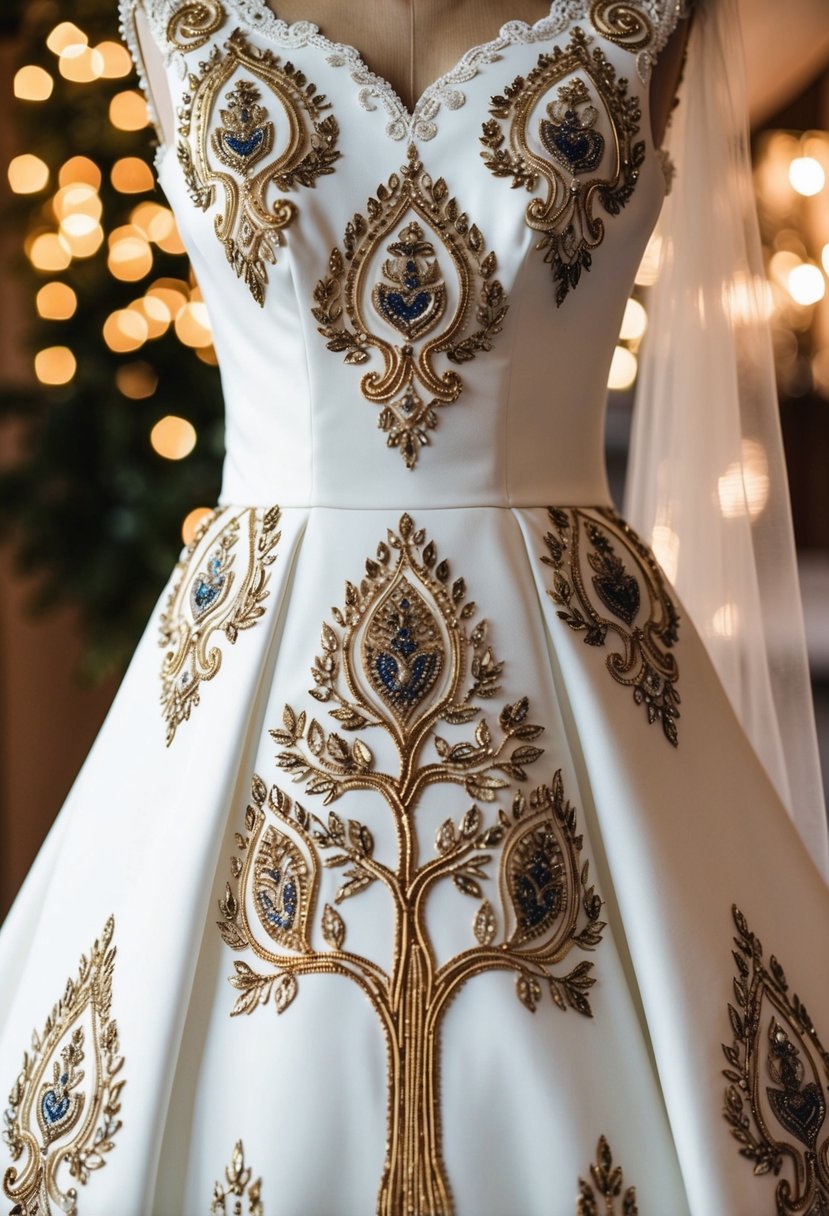 A wedding dress adorned with intricate Hamsa and Tree of Life motifs, exuding regal elegance and cultural significance