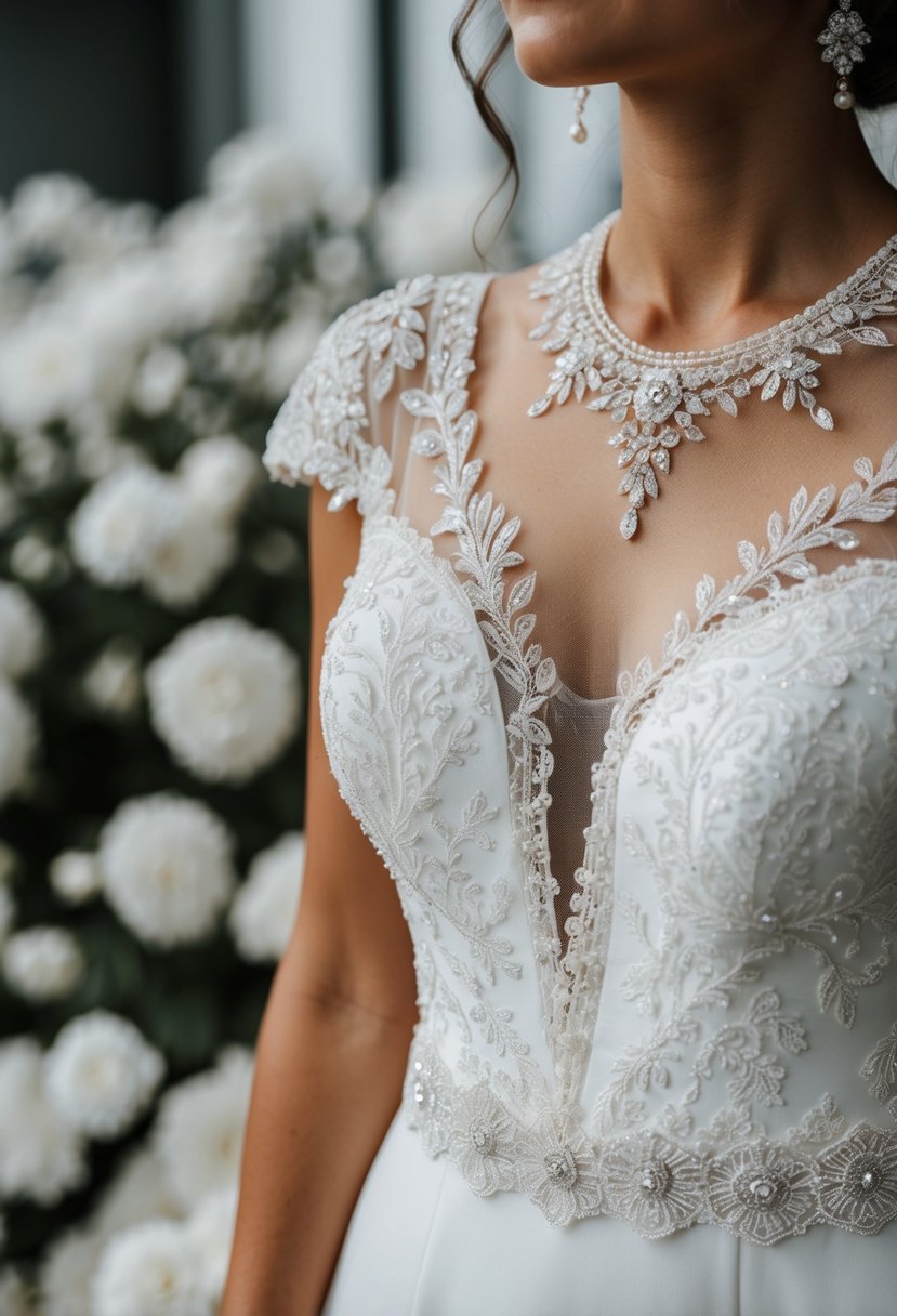 A white wedding dress with intricate beaded necklines and delicate lace details