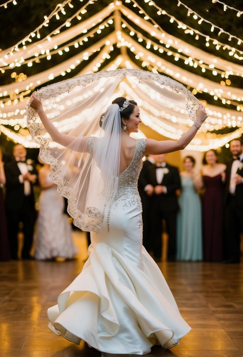 A bride in a flowing, embellished veil dances under a canopy of twinkling lights at a whimsical Jewish wedding