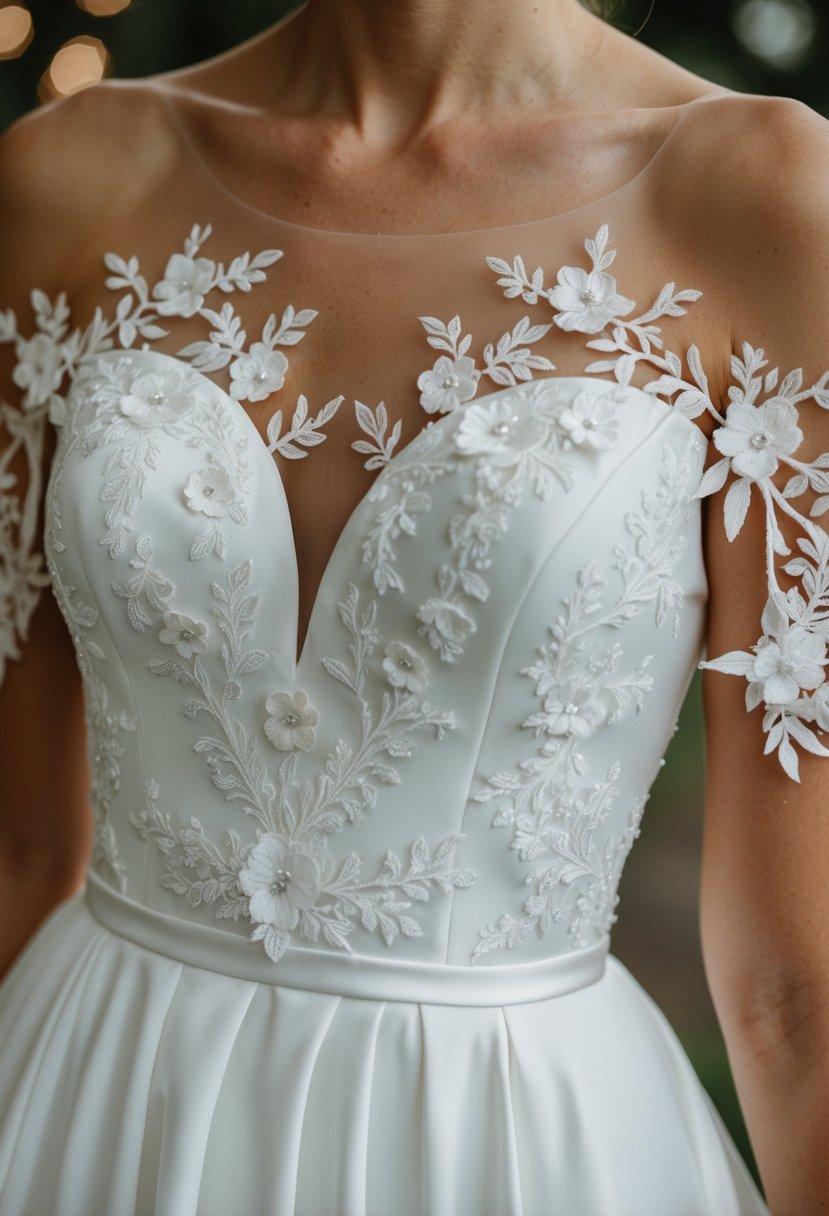 A white wedding dress adorned with delicate floral appliqué details