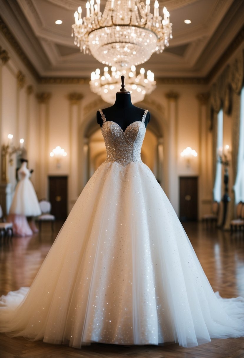 A grand ballroom with a sparkling tulle Cinderella wedding dress displayed on a mannequin