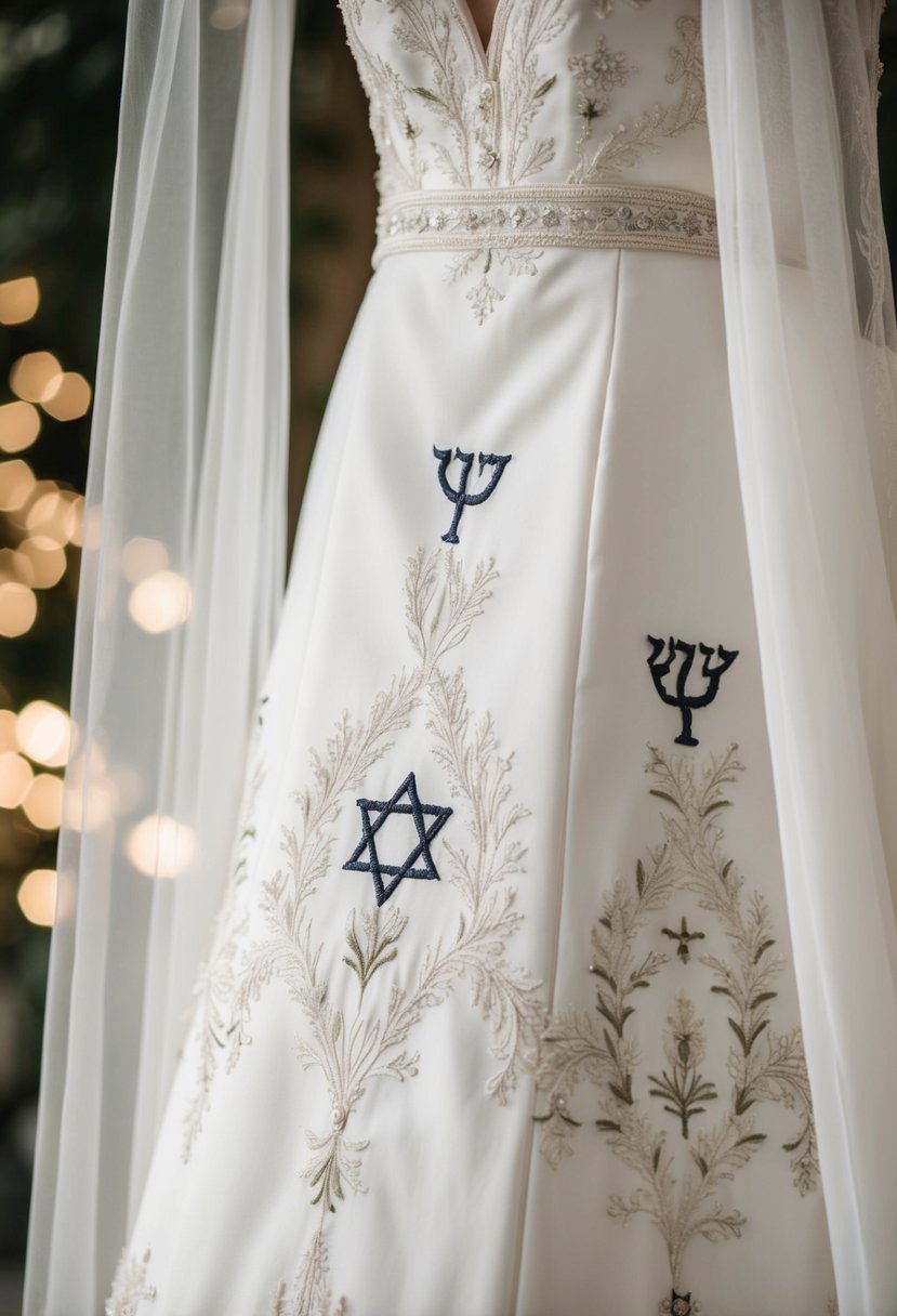 A white wedding dress adorned with intricate hand-sewn embroidery, featuring traditional Jewish symbols and delicate floral patterns