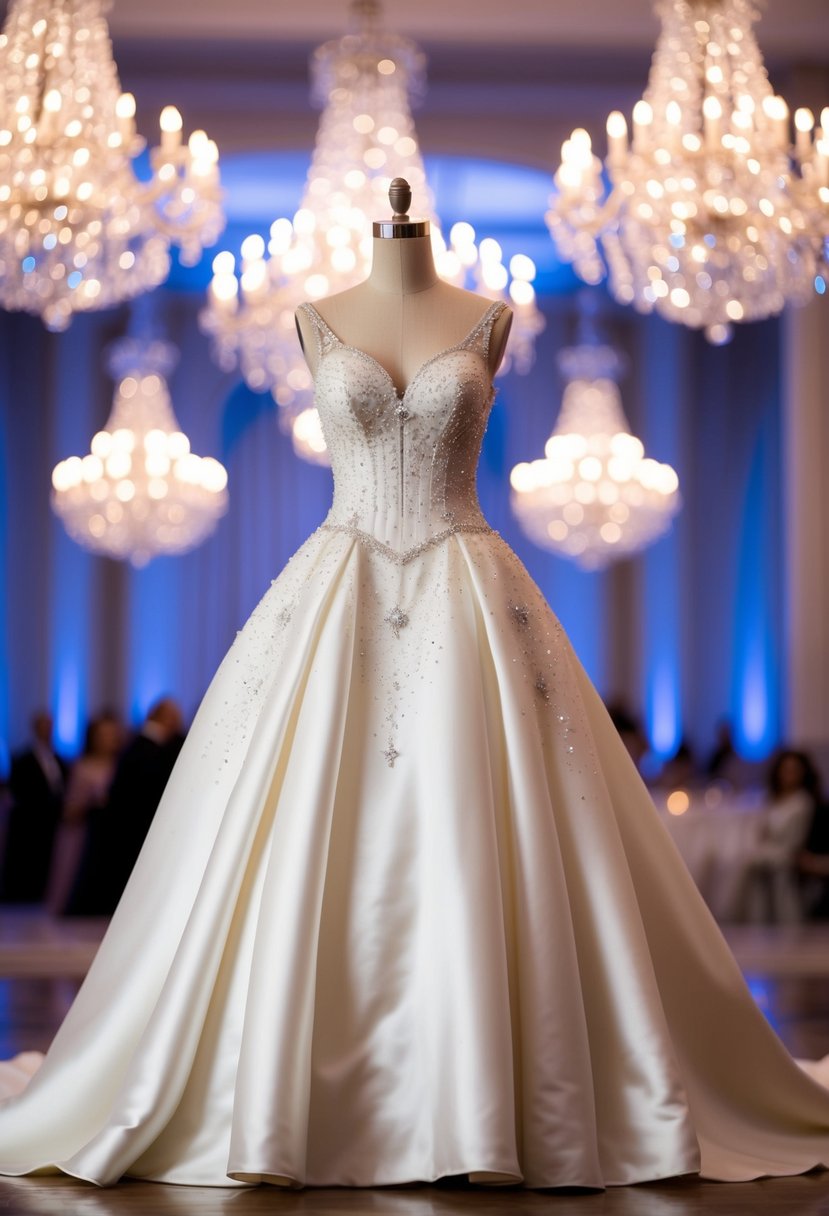 A flowing satin bridal gown inspired by Cinderella, adorned with delicate lace and sparkling embellishments, set against a backdrop of a grand ballroom with twinkling chandeliers