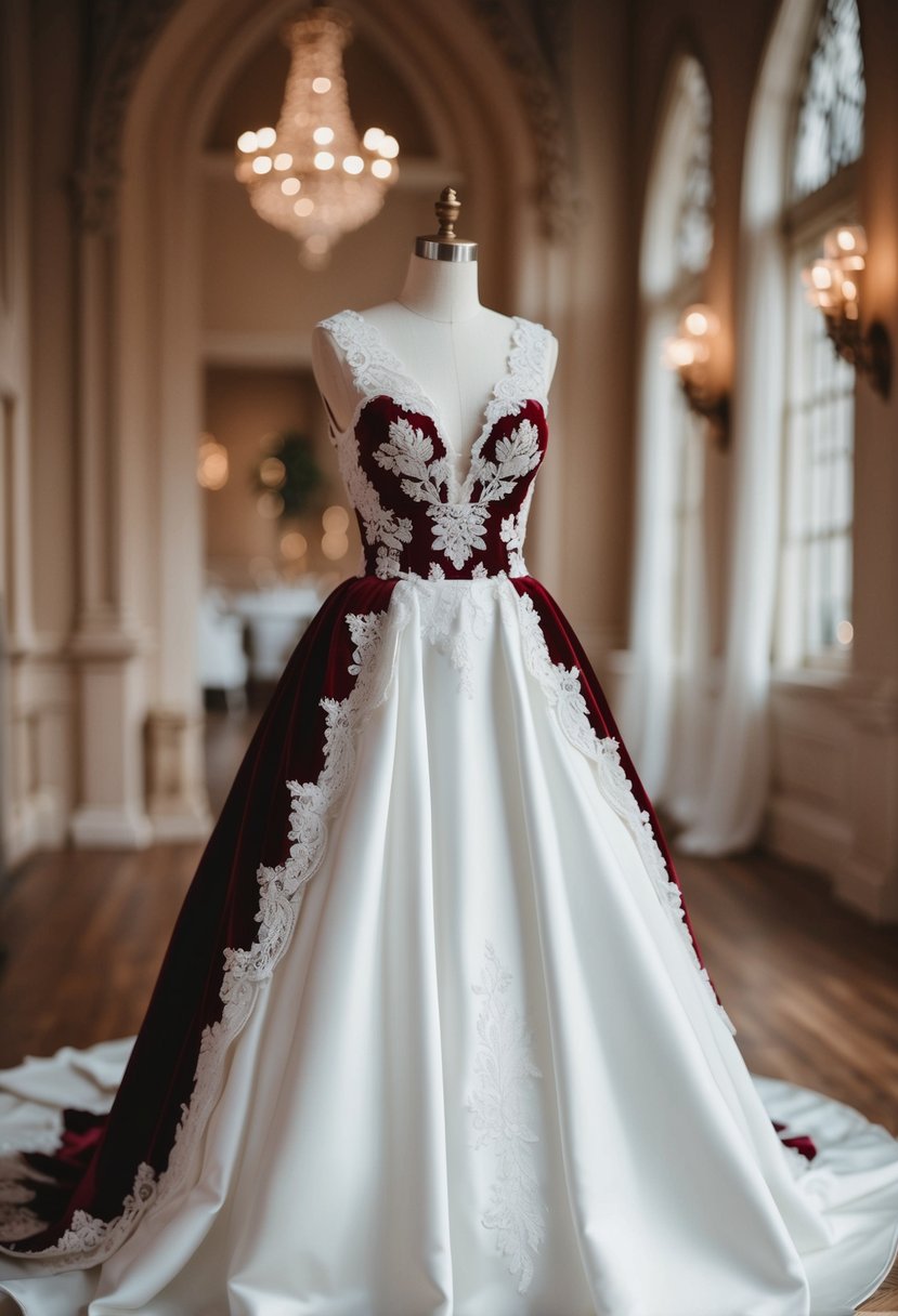 A white wedding dress with rich velvet accents and intricate lace details