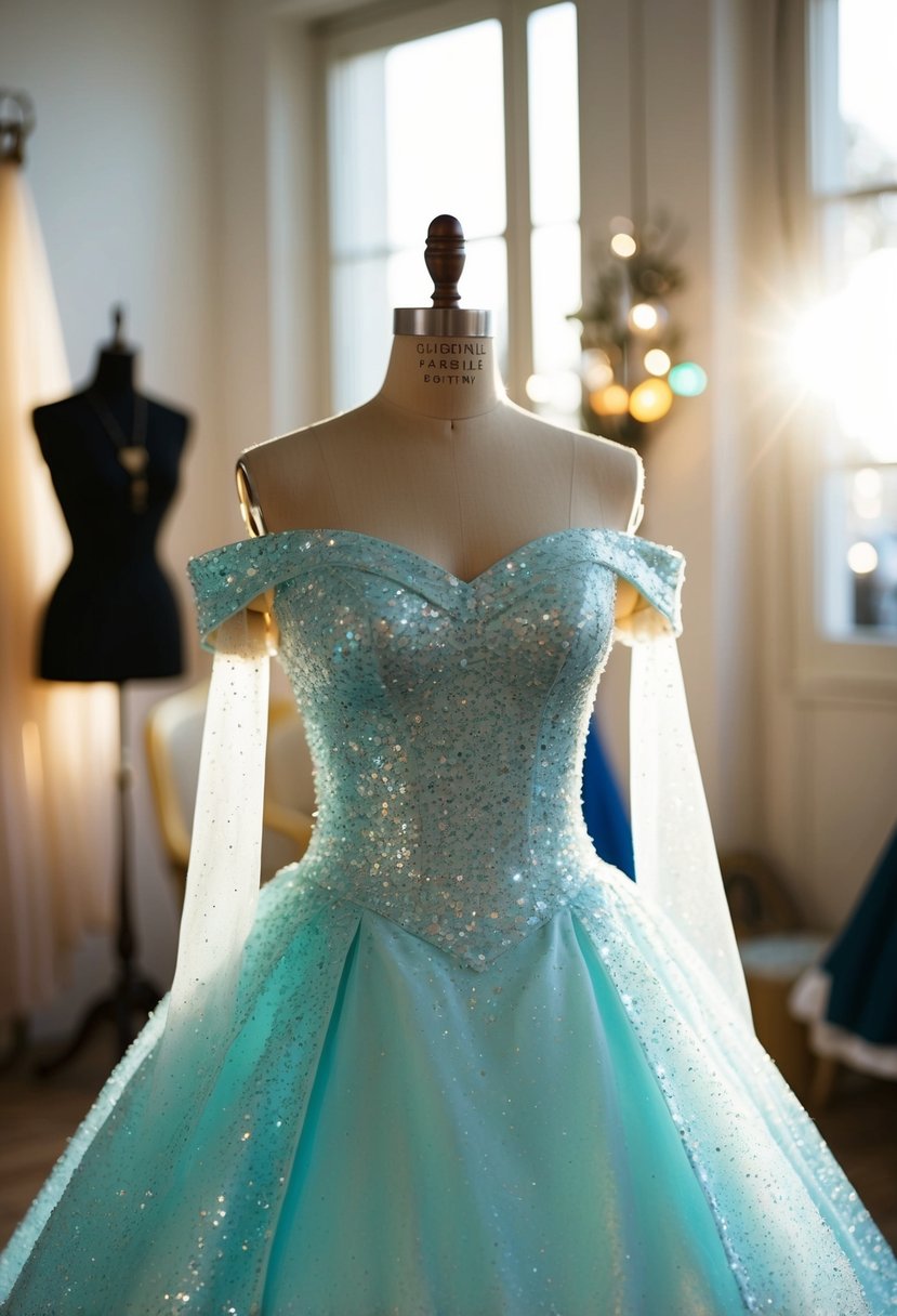 A sparkling off-shoulder Cinderella gown draped over a vintage mannequin in a sunlit atelier