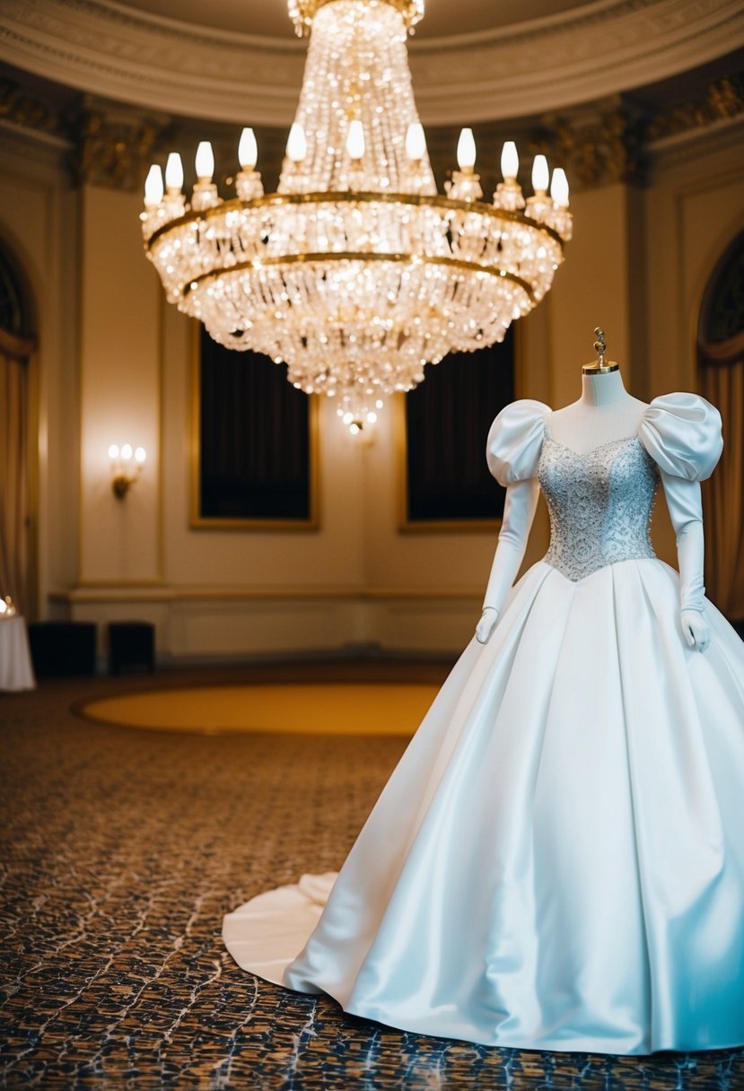 A grand ballroom with a sparkling chandelier, where a shimmering puffy-sleeved Cinderella wedding dress stands on a mannequin