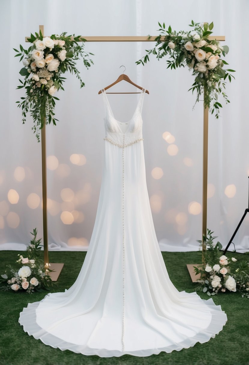 A flowing white gown with delicate lace and beading, set against a backdrop of a simple yet elegant chuppah adorned with fresh flowers