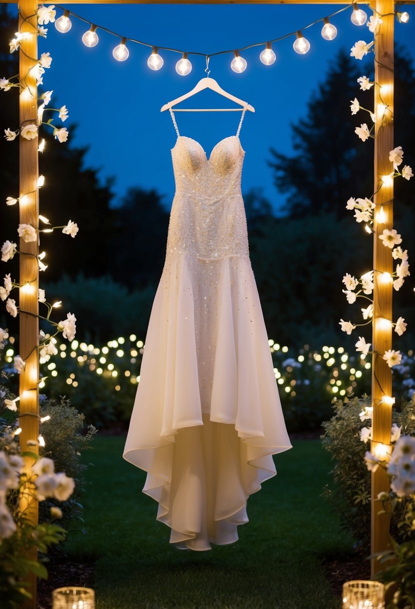 A shimmering chiffon gown hangs in a moonlit garden, surrounded by twinkling fairy lights and delicate flowers