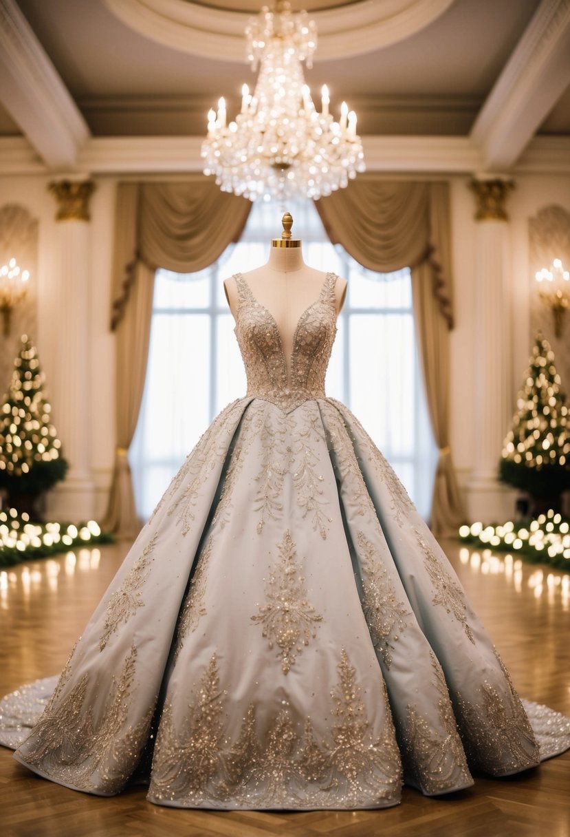 A grand ballroom with a sparkling, applique-covered ball gown on a mannequin, surrounded by twinkling lights and elegant decor