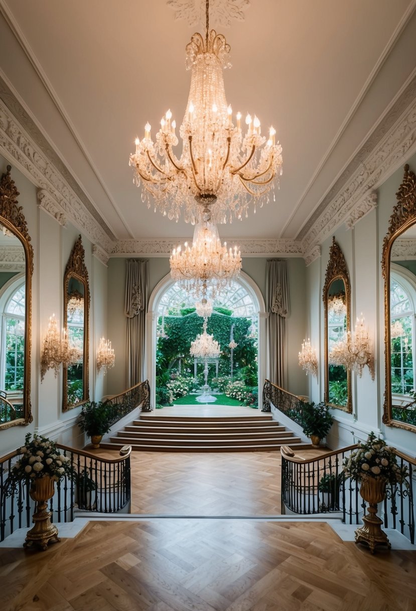 A grand ballroom with a sparkling chandelier, ornate mirrors, and a grand staircase leading to a magical garden