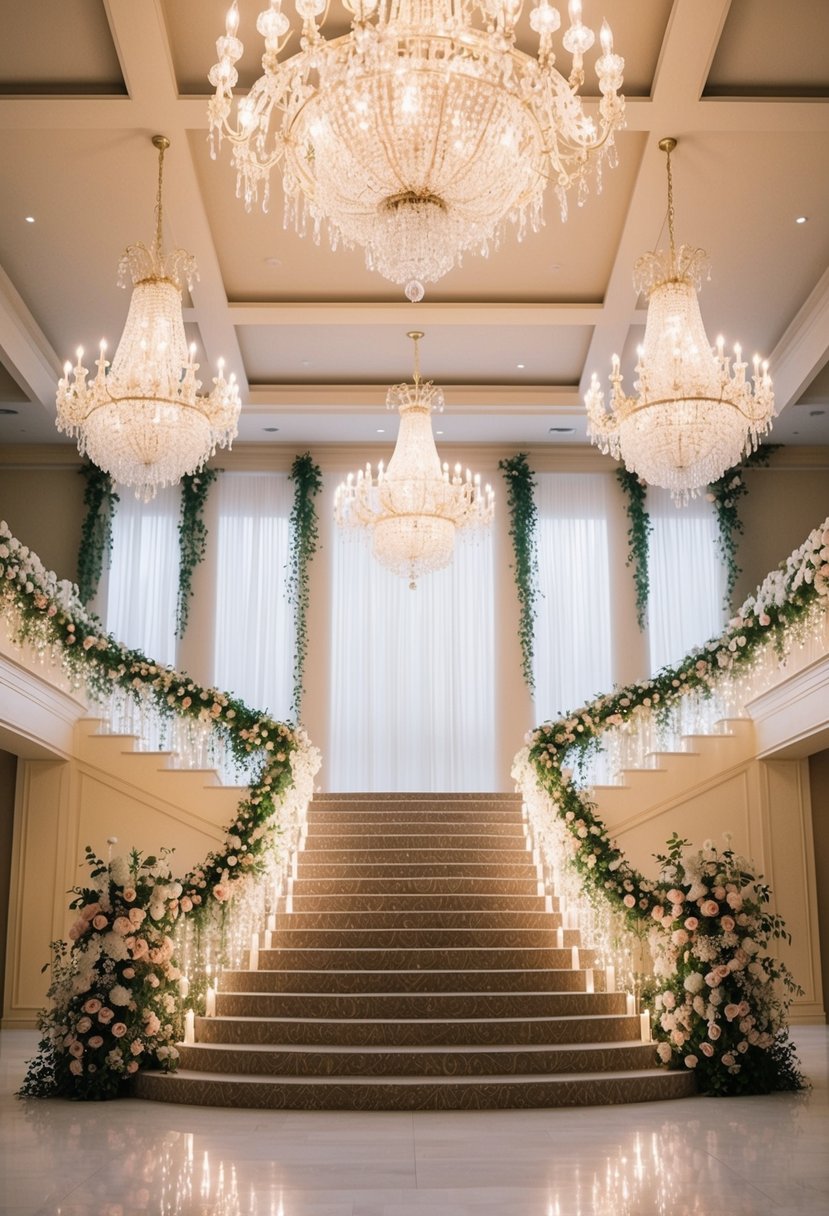 A sparkling ballroom with a grand staircase and chandeliers, adorned with cascading flowers and twinkling lights