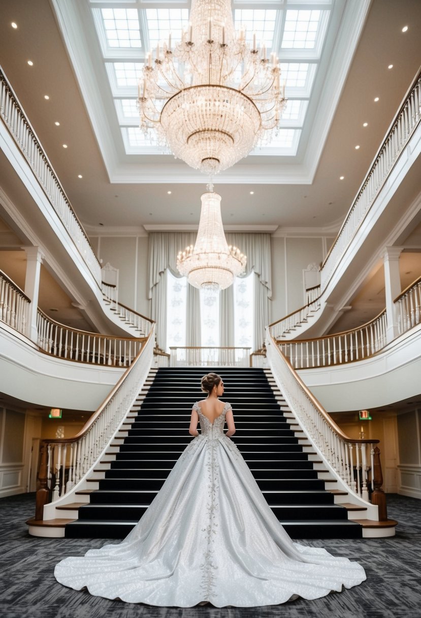 A grand ballroom with a sparkling chandelier, a sweeping staircase, and a regal, flowing gown in shades of white and silver