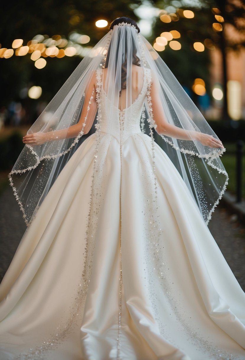 A sparkling Cinderella-inspired veil flowing from a dazzling wedding dress