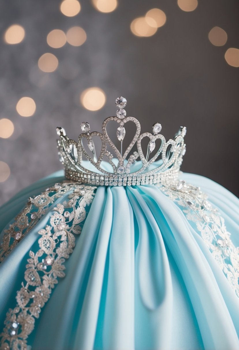 A sparkling tiara sits atop a flowing, pastel blue ballgown adorned with delicate lace and shimmering crystals