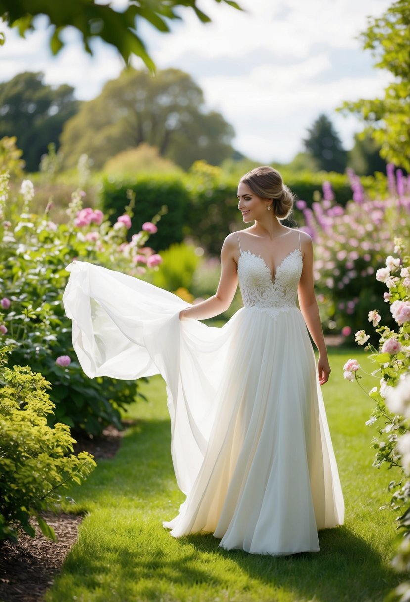 A bride in a flowing white gown stands in a garden, surrounded by blooming flowers and greenery, with a soft breeze gently lifting the fabric