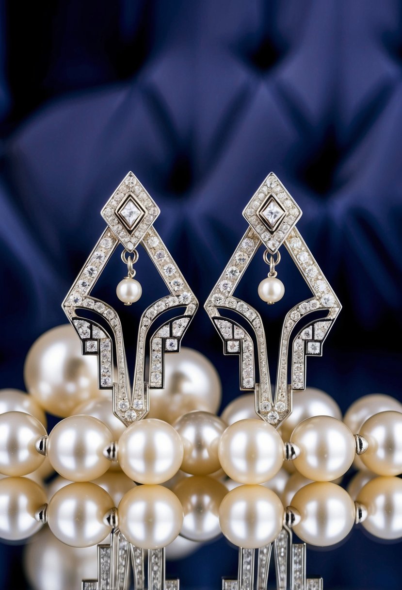 A pair of elegant art deco wedding earrings, featuring geometric shapes and intricate detailing, set against a backdrop of luxurious velvet and shimmering pearls