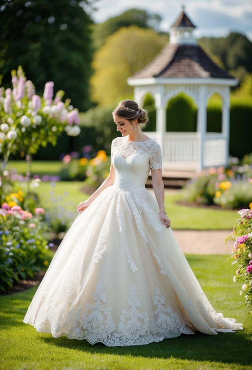 A bride in a vintage lace ballgown twirls in a garden, surrounded by blooming flowers and a quaint gazebo