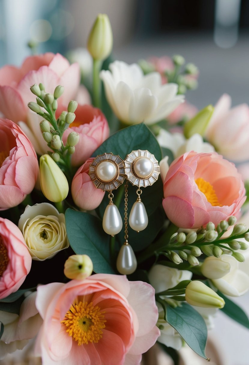 A bouquet of art deco flowers with pearl drop earrings nestled among the petals