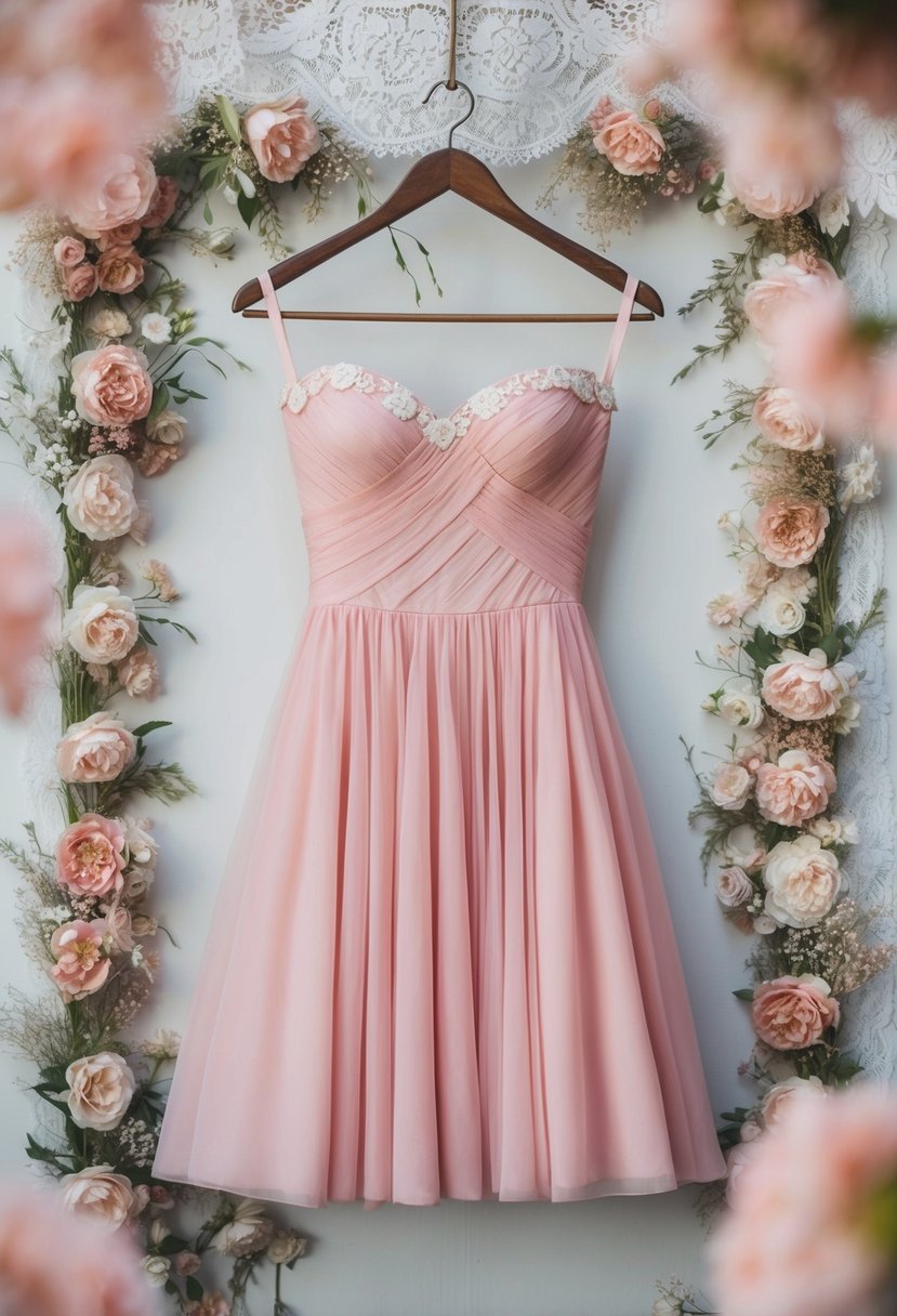 A blush pink sweetheart dress hanging on a vintage wooden hanger, surrounded by delicate lace and floral details