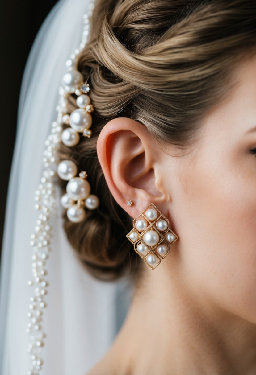 A bride's ear adorned with elegant gold pearl art deco earrings