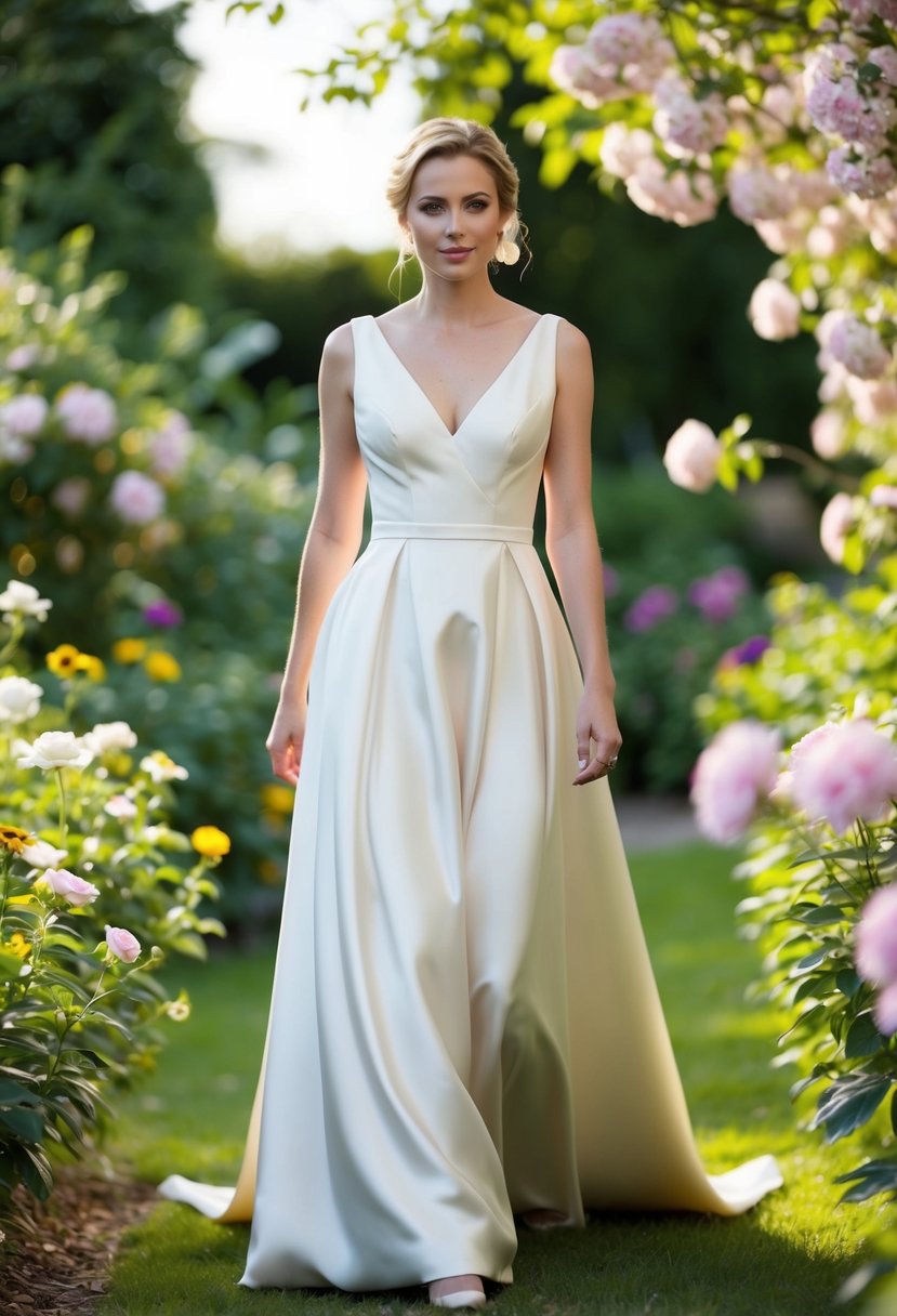 A bride in a drop-waist satin gown walks through a garden, surrounded by blooming flowers and a serene atmosphere