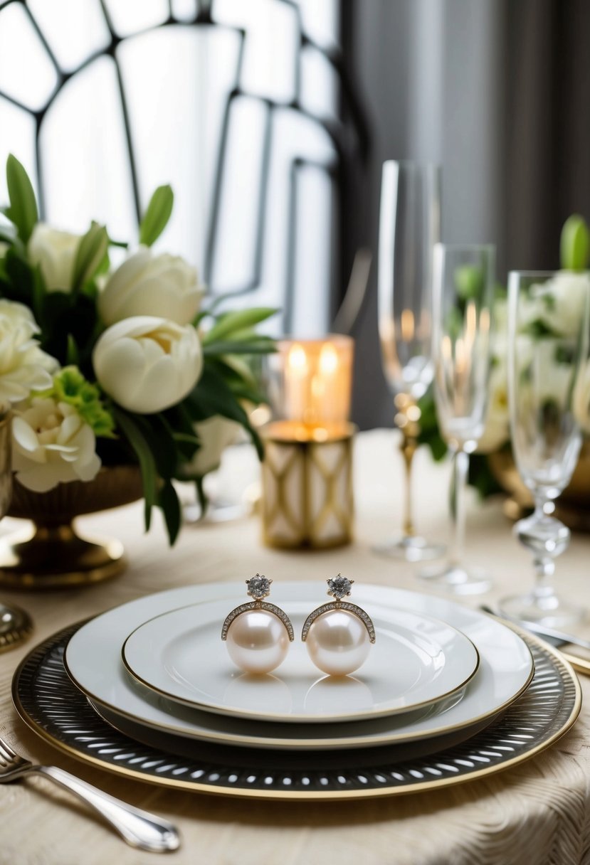 A vintage-inspired table setting with art deco decor, featuring real freshwater pearl earrings as a focal point