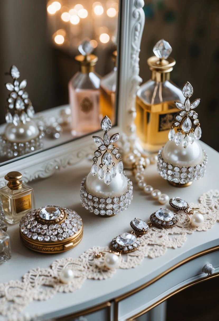 A vintage-inspired vanity table displays ornate crystal and pearl earrings, surrounded by delicate lace and antique perfume bottles