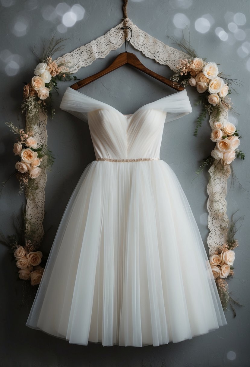 A flowing off-the-shoulder tulle dress hangs on a rustic wooden hanger, surrounded by delicate lace and floral accents