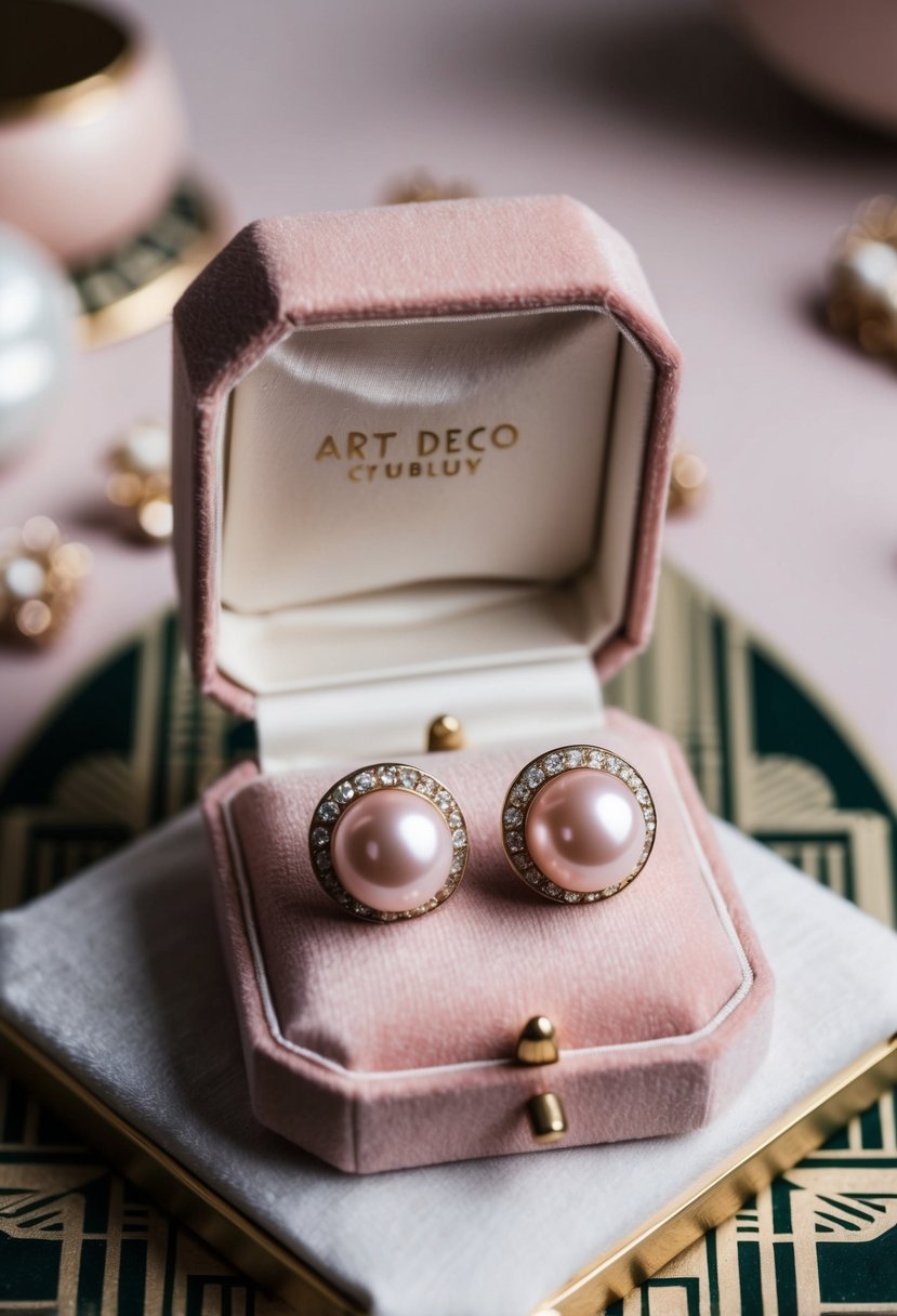 A vintage-inspired jewelry box with blush pink pearl stud earrings displayed on a velvet cushion, surrounded by art deco motifs