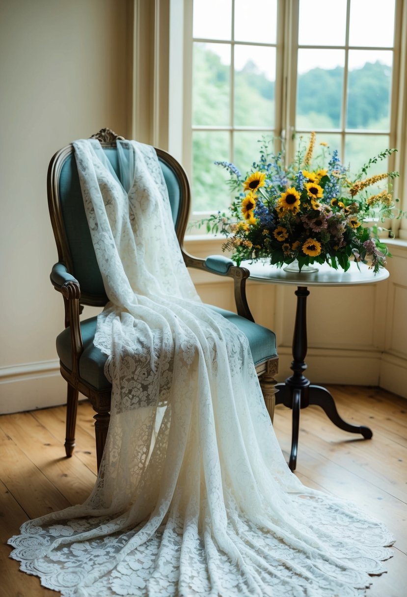 A long sleeve lace gown draped over a vintage chair in a sunlit room with a bouquet of wildflowers on a nearby table