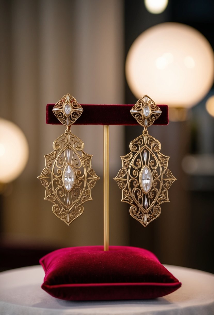 A pair of intricate gold Art Deco earrings displayed on a velvet cushion with elegant lighting