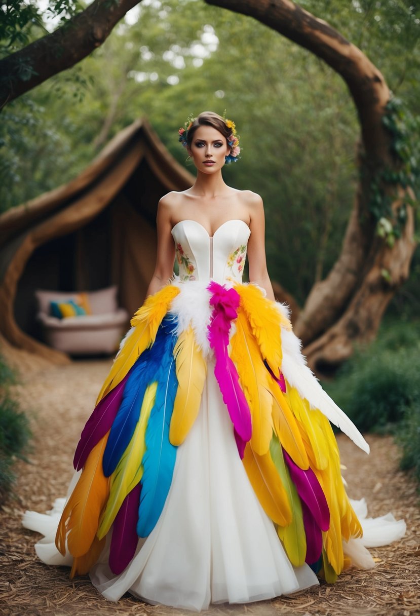 A bride in a flowing, colorful gown made of unconventional materials like feathers, tulle, or paper, standing in a whimsical, nature-inspired setting