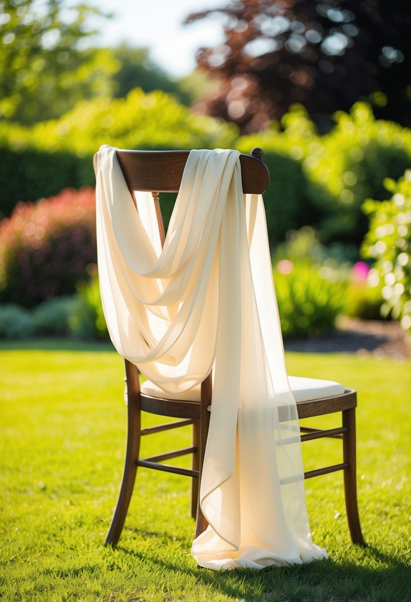 A flowing chiffon dress draped over a vintage wooden chair in a sunlit garden