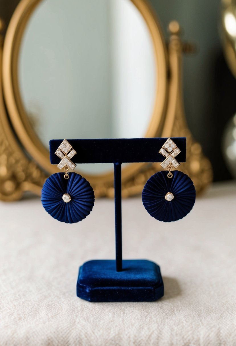 Navy blue art deco earrings displayed on a velvet jewelry stand with a vintage mirror in the background