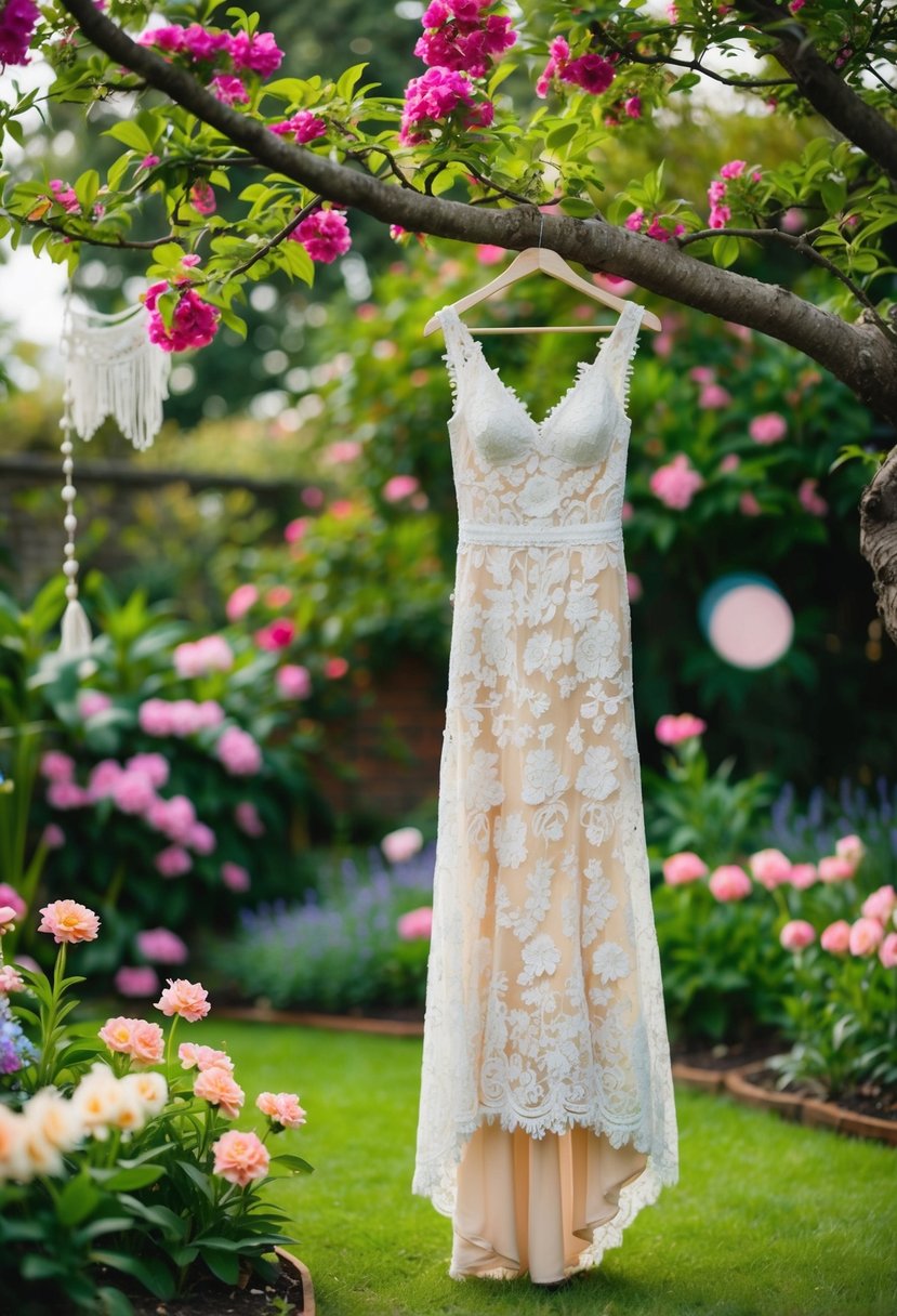 A lush garden with blooming flowers, a flowing floral lace dress hanging from a tree branch, surrounded by whimsical elements