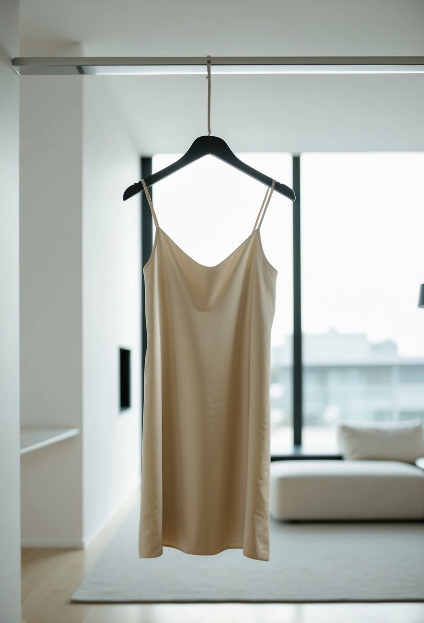 A simple silk slip dress hangs on a sleek modern hanger in a softly lit, minimalist room with clean lines and neutral colors