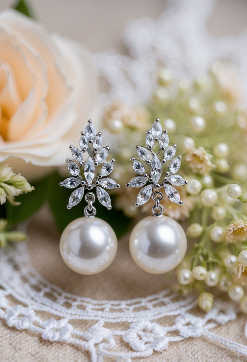 A sparkling art deco wedding earring design featuring Riley Pearl and Crystal Earrings, set against a backdrop of vintage lace and delicate floral accents