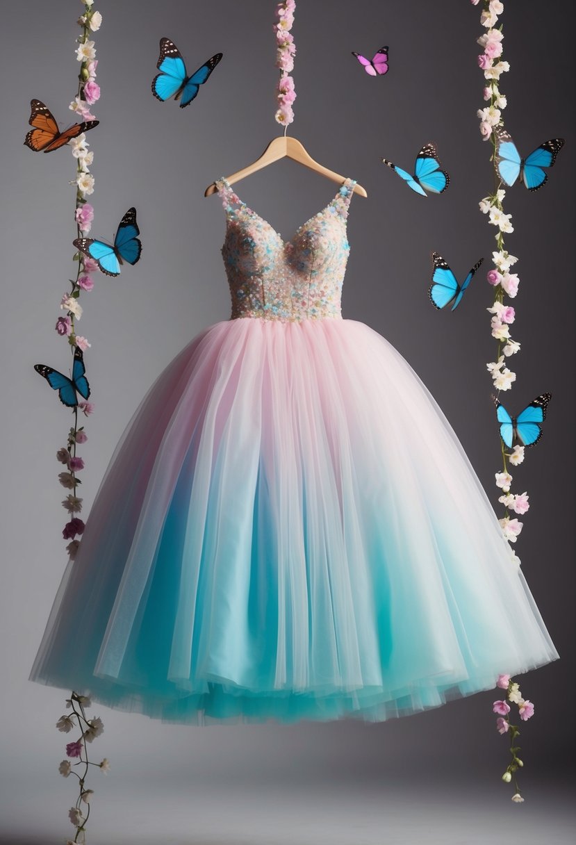 A pastel tulle gown suspended in midair, surrounded by colorful butterflies and delicate flowers