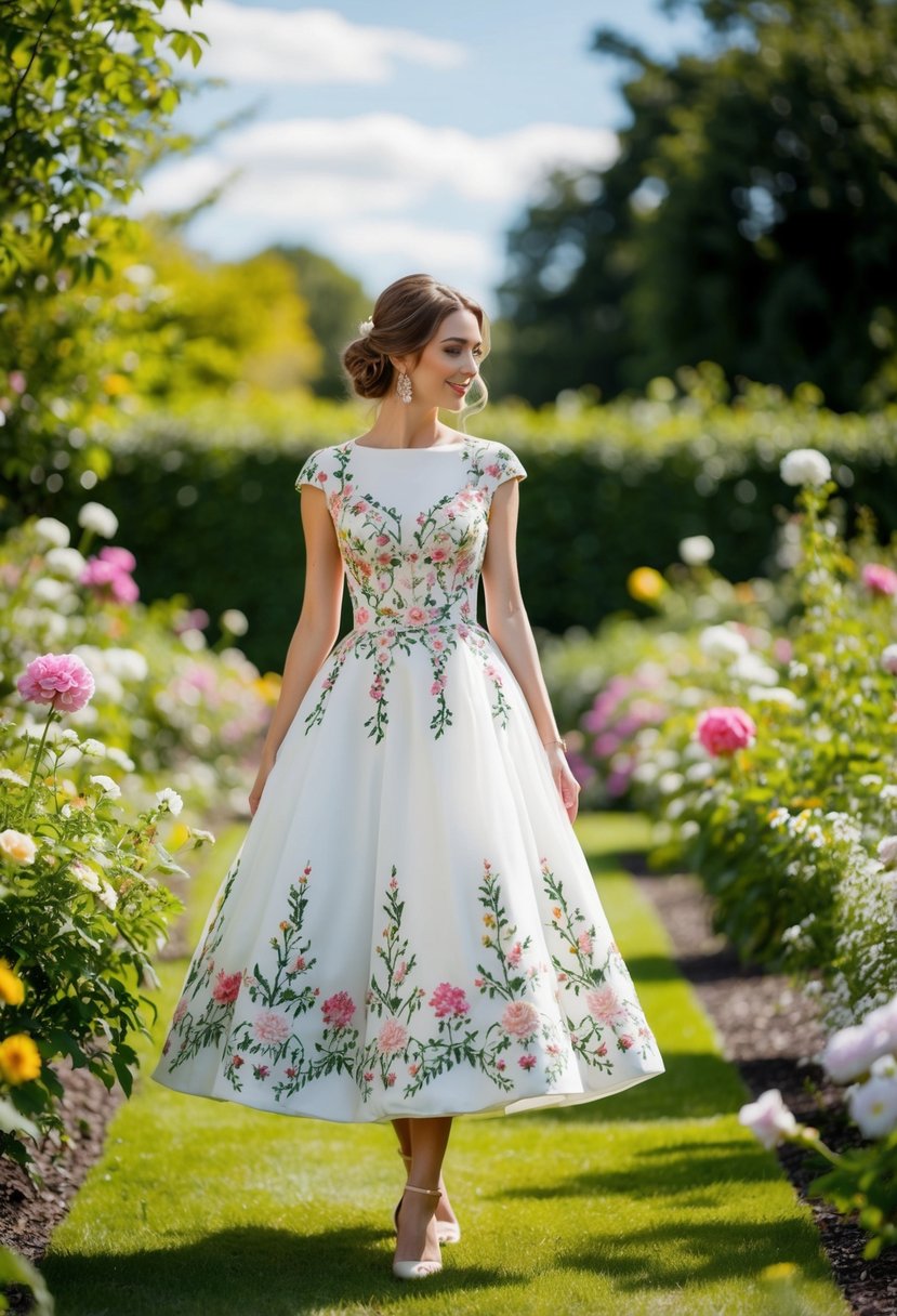 A sunny garden wedding with a bride in a tea-length floral embroidered dress, surrounded by blooming flowers and greenery