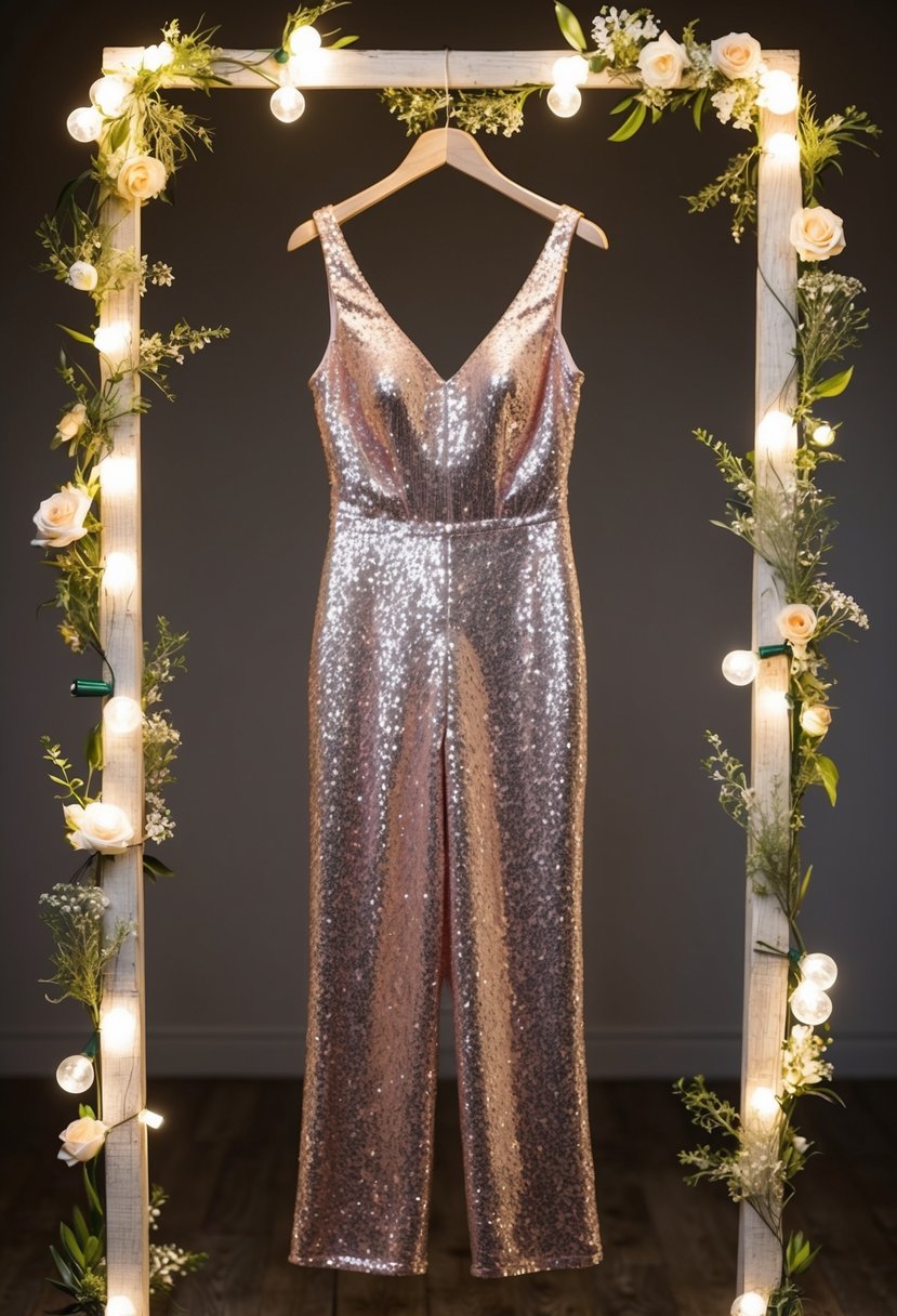 A glittering Adrianna Papell sequin jumpsuit hangs from a rustic wooden hanger, surrounded by twinkling fairy lights and delicate floral arrangements