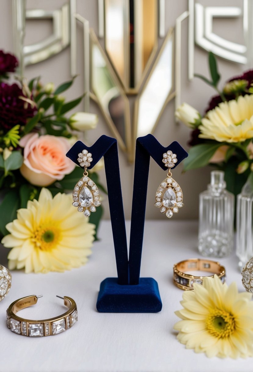 Vintage style earrings displayed on a velvet jewelry stand, surrounded by art deco wedding decor and flowers