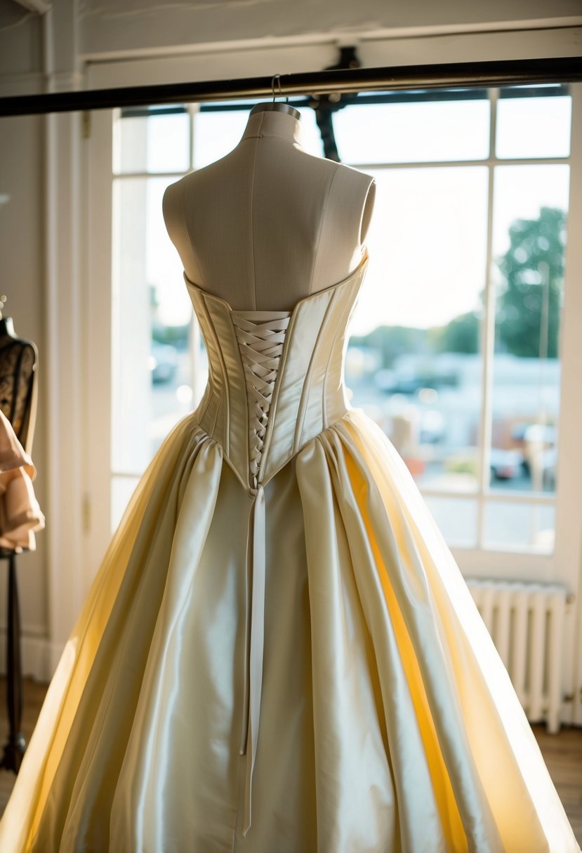 A corset-back taffeta gown hangs on a vintage dress form in a sunlit bridal atelier