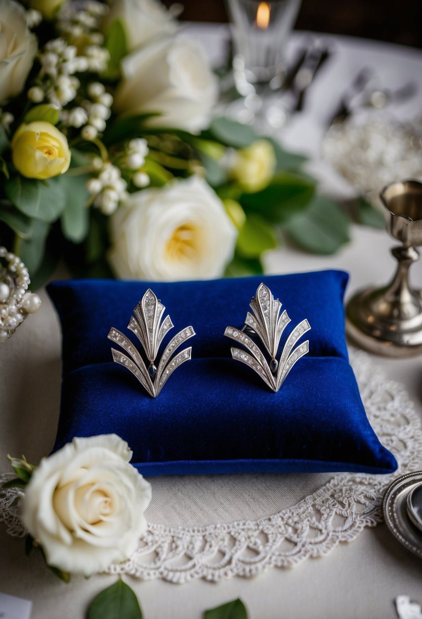 Two elegant silver art deco earrings displayed on a velvet cushion, surrounded by vintage wedding decor