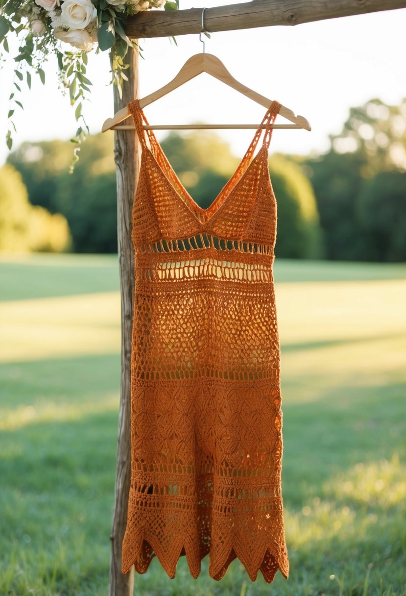 A burnt orange boho crochet dress hanging on a rustic wooden hanger in a sunlit bohemian wedding setting