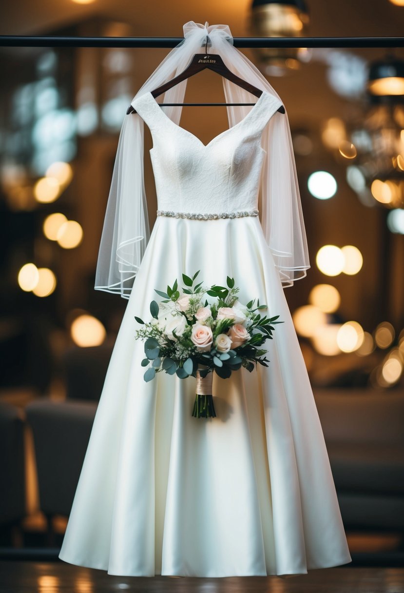 A-line dress with cap sleeves, bouquet, and veil on a hanger