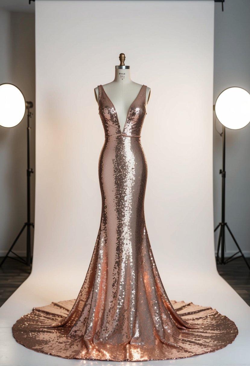 A cascading rose gold sequin gown on a mannequin, surrounded by soft lighting and a modern, minimalist backdrop