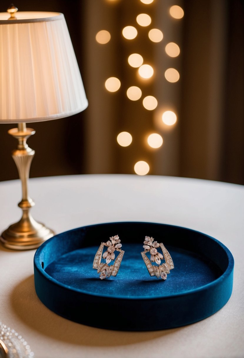 An elegant table with art deco wedding earrings displayed on a velvet-lined tray under soft, warm lighting