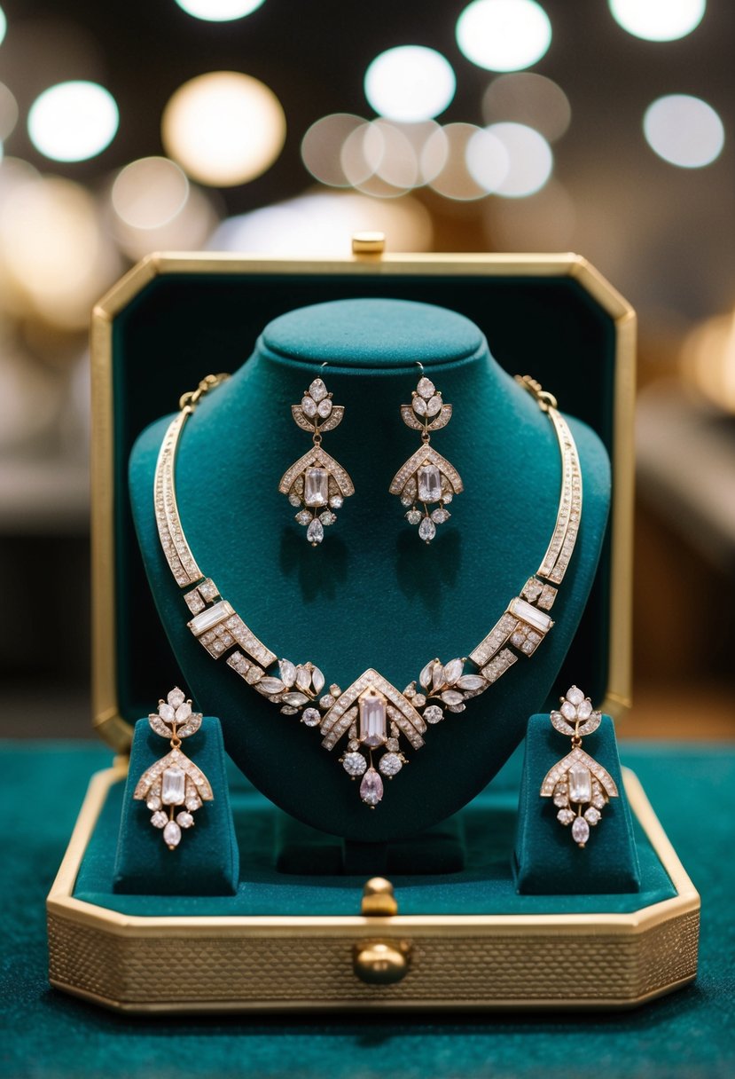 A vintage-inspired jewelry set displayed on a velvet cushion, with intricate art deco details and sparkling gemstones